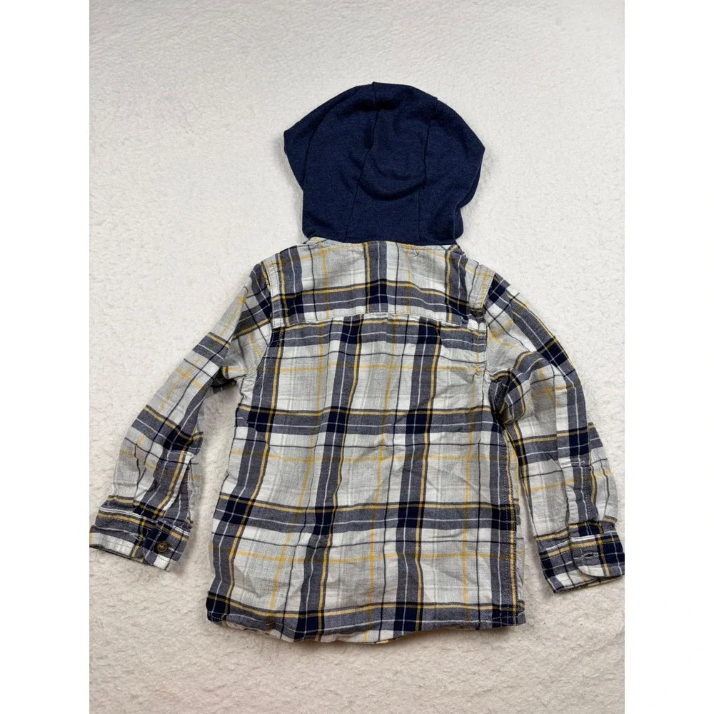Carters Toddler Boy Plaid Flannel Hooded Button Down Shirt Navy White Yellow 24M